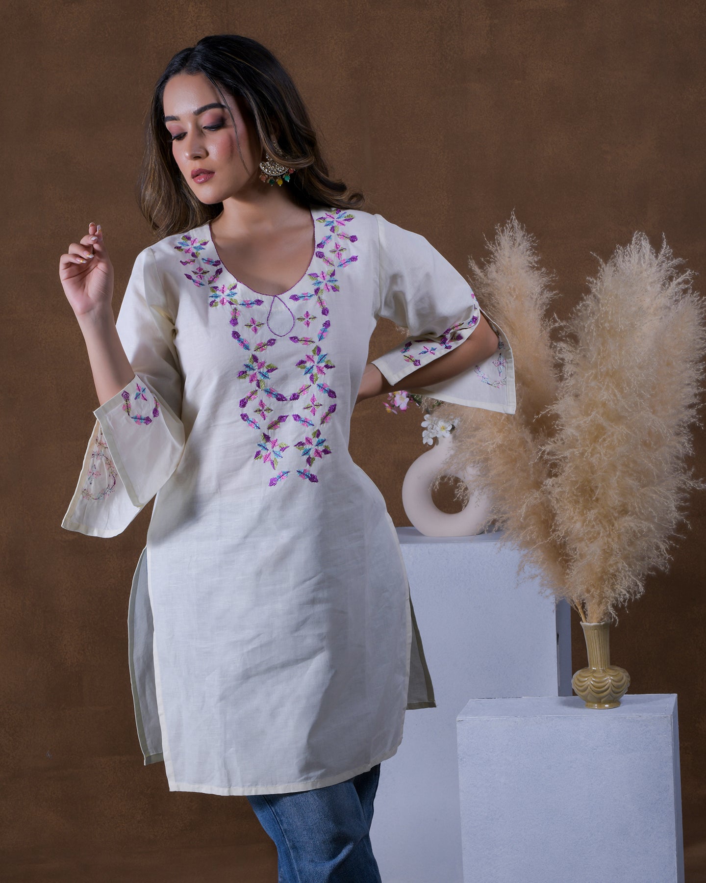 Pure Cotton Linen Hand Embroidered Phulkari top tunic kurti combination set- white bright off white Colours + Artisanal + Punjab + Tradition + Women + MakeInIndia + Handicraft + trend + festival wear + comfort wear + smart wear + trendy wear + indian ethnic + cultural wear + rakhi + diwali + ganesh cahturthi + friends wear + date wear + casual wear + indian wear + western wear + trendy attire + fashion + stylish + dinner + luxury + premium + royal + signature + clasic + best + top + rated + standout