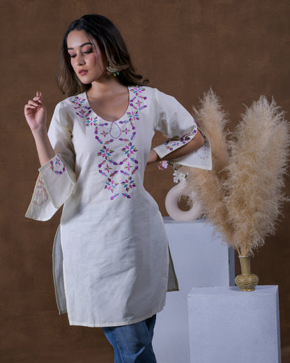 Pure Cotton Linen Hand Embroidered Phulkari top tunic kurti combination set- white bright off white Colours + Artisanal + Punjab + Tradition + Women + MakeInIndia + Handicraft + trend + festival wear + comfort wear + smart wear + trendy wear + indian ethnic + cultural wear + rakhi + diwali + ganesh cahturthi + friends wear + date wear + casual wear + indian wear + western wear + trendy attire + fashion + stylish + dinner + luxury + premium + royal + signature + clasic + best + top + rated + standout