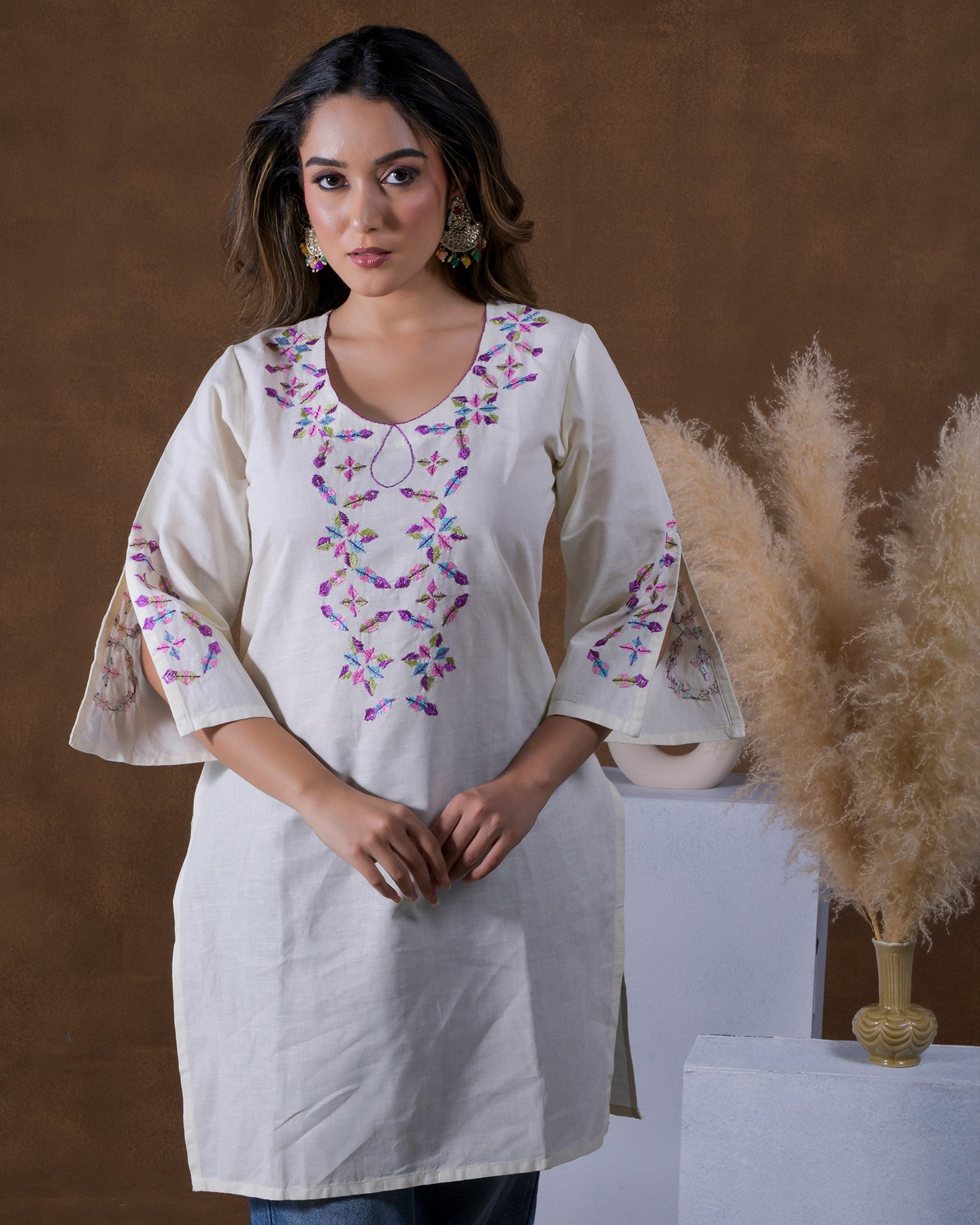 Pure Cotton Linen Hand Embroidered Phulkari top tunic kurti combination set- white bright off white Colours + Artisanal + Punjab + Tradition + Women + MakeInIndia + Handicraft + trend + festival wear + comfort wear + smart wear + trendy wear + indian ethnic + cultural wear + rakhi + diwali + ganesh cahturthi + friends wear + date wear + casual wear + indian wear + western wear + trendy attire + fashion + stylish + dinner + luxury + premium + royal + signature + clasic + best + top + rated + standout