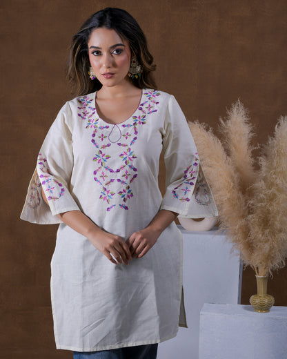 Pure Cotton Linen Hand Embroidered Phulkari top tunic kurti combination set- white bright off white Colours + Artisanal + Punjab + Tradition + Women + MakeInIndia + Handicraft + trend + festival wear + comfort wear + smart wear + trendy wear + indian ethnic + cultural wear + rakhi + diwali + ganesh cahturthi + friends wear + date wear + casual wear + indian wear + western wear + trendy attire + fashion + stylish + dinner + luxury + premium + royal + signature + clasic + best + top + rated + standout