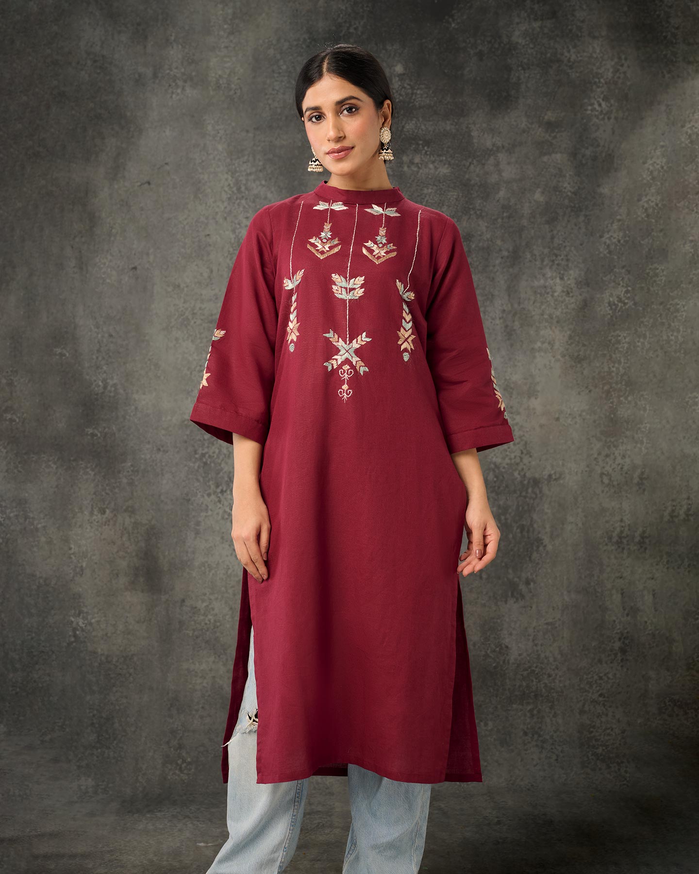 Pure Cotton Linen Hand Embroidered Phulkari Kurti - Aesthetic Maroon + Artisanal + Punjab + Tradition + Women + MakeInIndia + Handicraft + Boat Neck + Fulkari