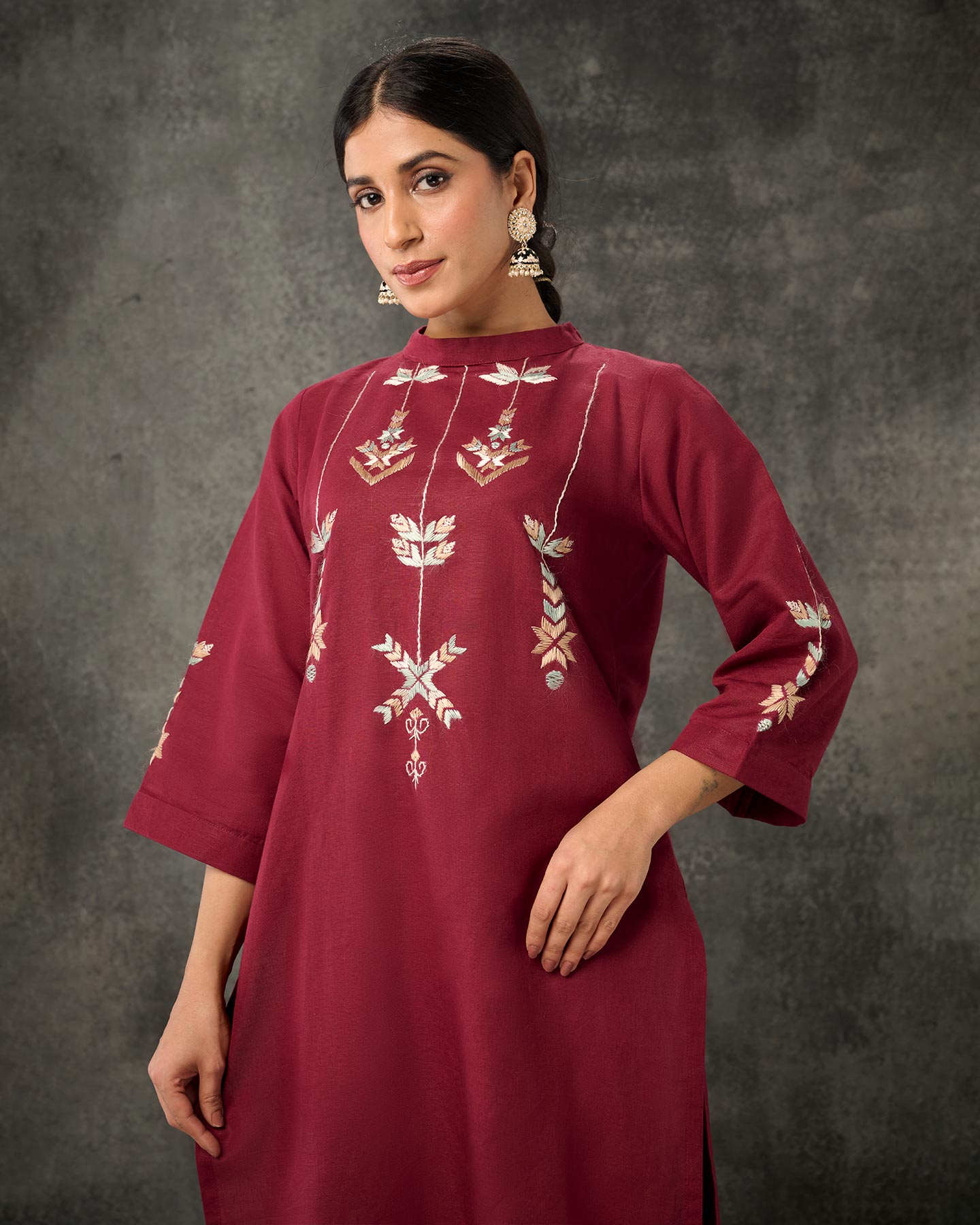 Pure Cotton Linen Hand Embroidered Phulkari Kurti - Aesthetic Maroon + Artisanal + Punjab + Tradition + Women + MakeInIndia + Handicraft + Boat Neck + Rang + Girls