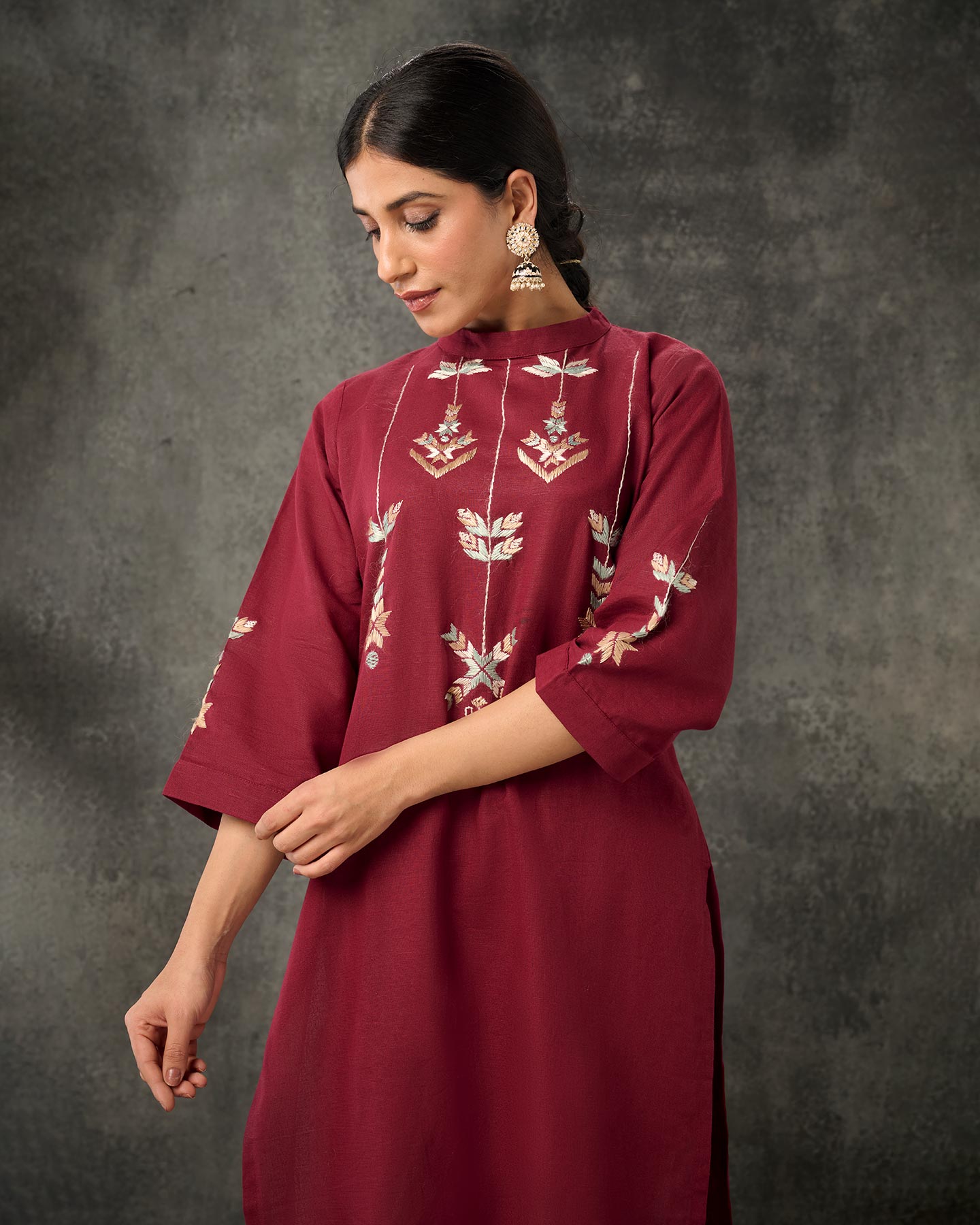 Pure Cotton Linen Hand Embroidered Phulkari Kurti - Aesthetic Maroon + Artisanal + Punjab + Tradition + Women + MakeInIndia + Handicraft + Boat Neck + Panjab + Threads