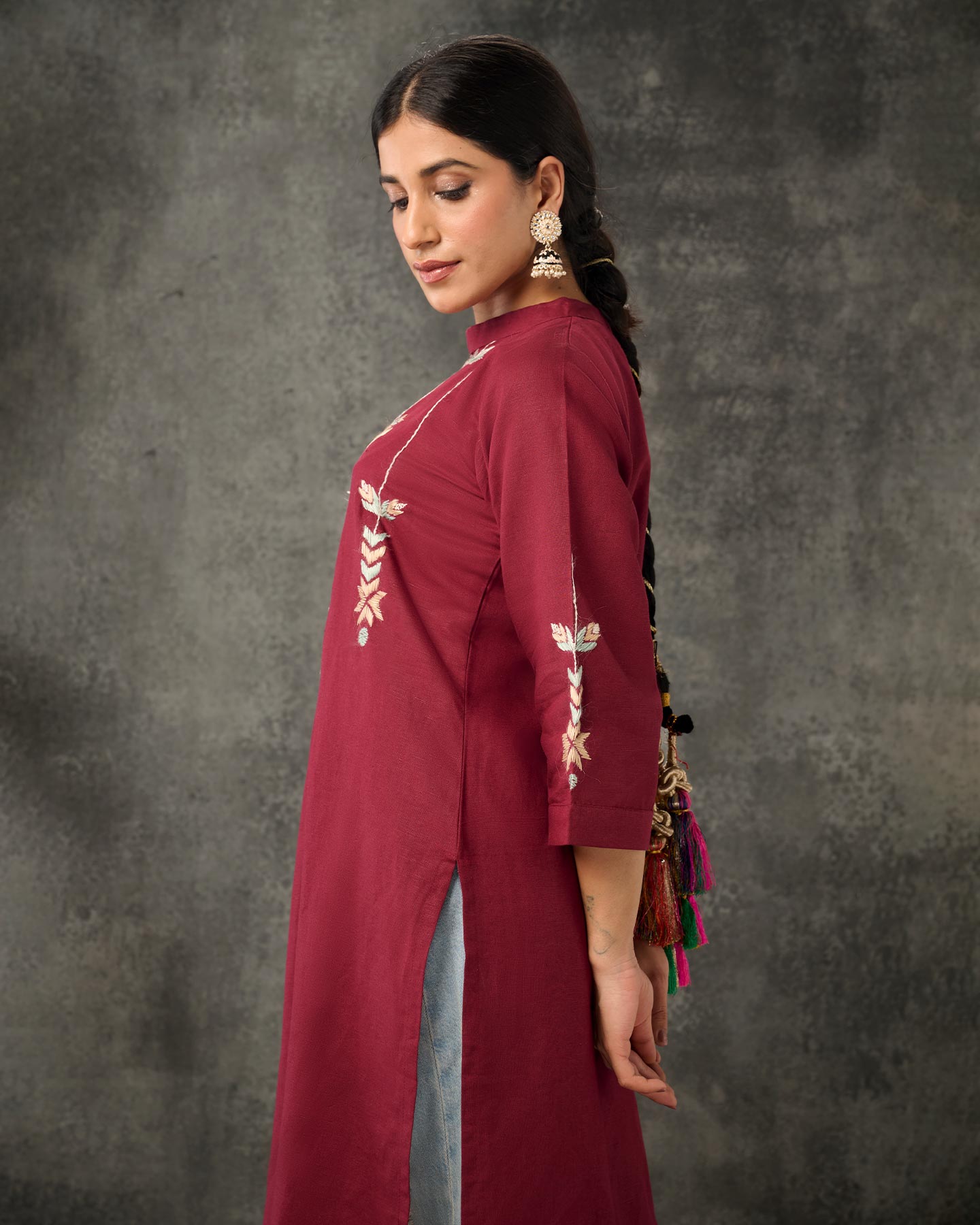 Pure Cotton Linen Hand Embroidered Phulkari Kurti - Aesthetic Maroon + Artisanal + Punjab + Tradition + Women + MakeInIndia + Handicraft + Boat Neck + Embroidery + NRI