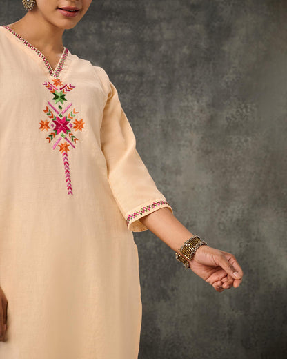 Pure Linen Hand Embroidered Phulkari Shirt - Pearl White Monochrome + Artisanal + Punjab + Tradition + Women + MakeInIndia + Handicraft + Colours + Panjab + Fulkari