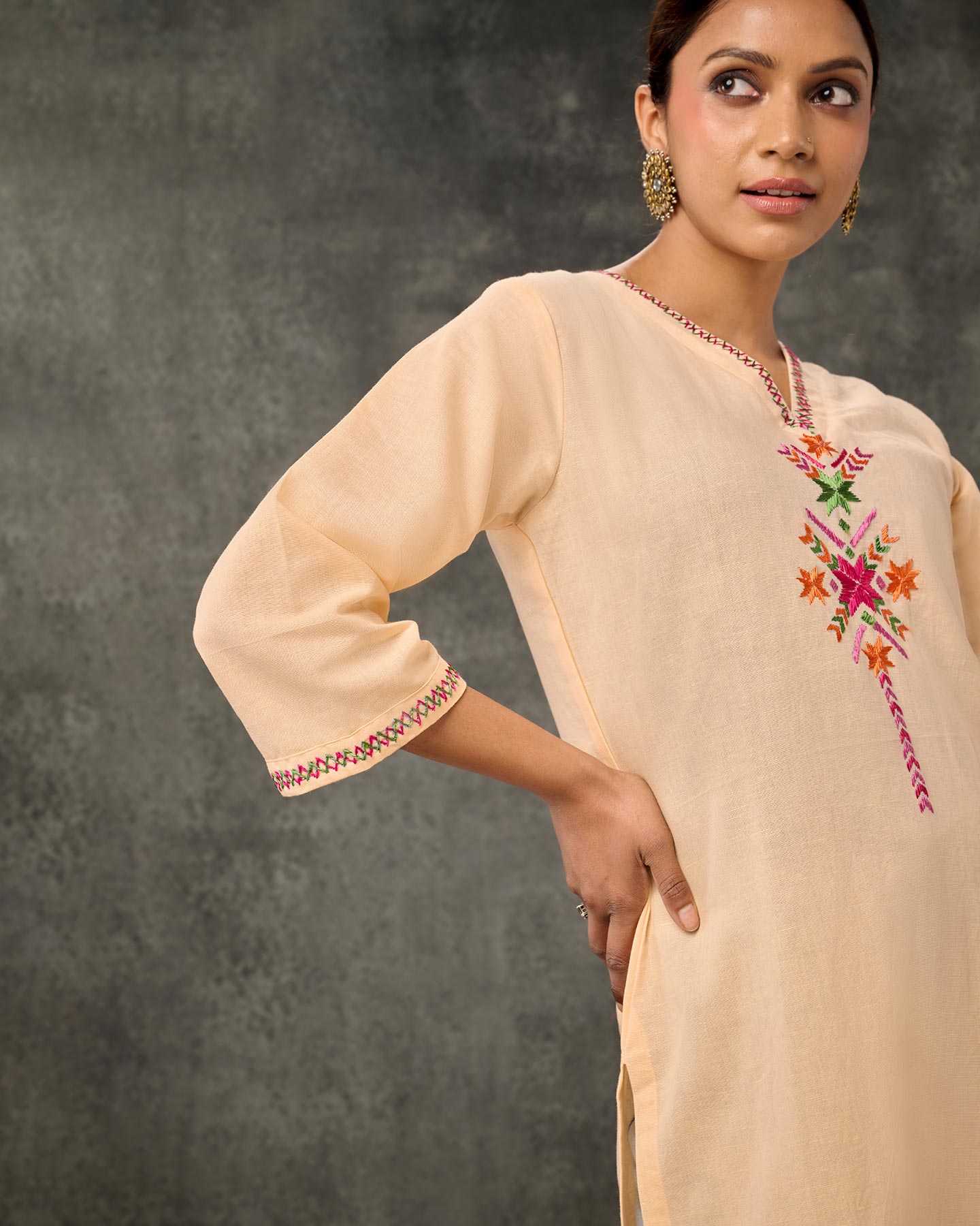 Pure Linen Hand Embroidered Phulkari Shirt - Pearl White Monochrome + Artisanal + Punjab + Tradition + Women + MakeInIndia + Handicraft + Rang