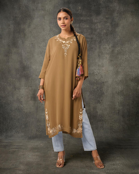 Pure Georgette Hand Embroidered Phulkari Kurti - Khaki Brown + Artisanal + Punjab + Tradition + Women + MakeInIndia + Handicraft