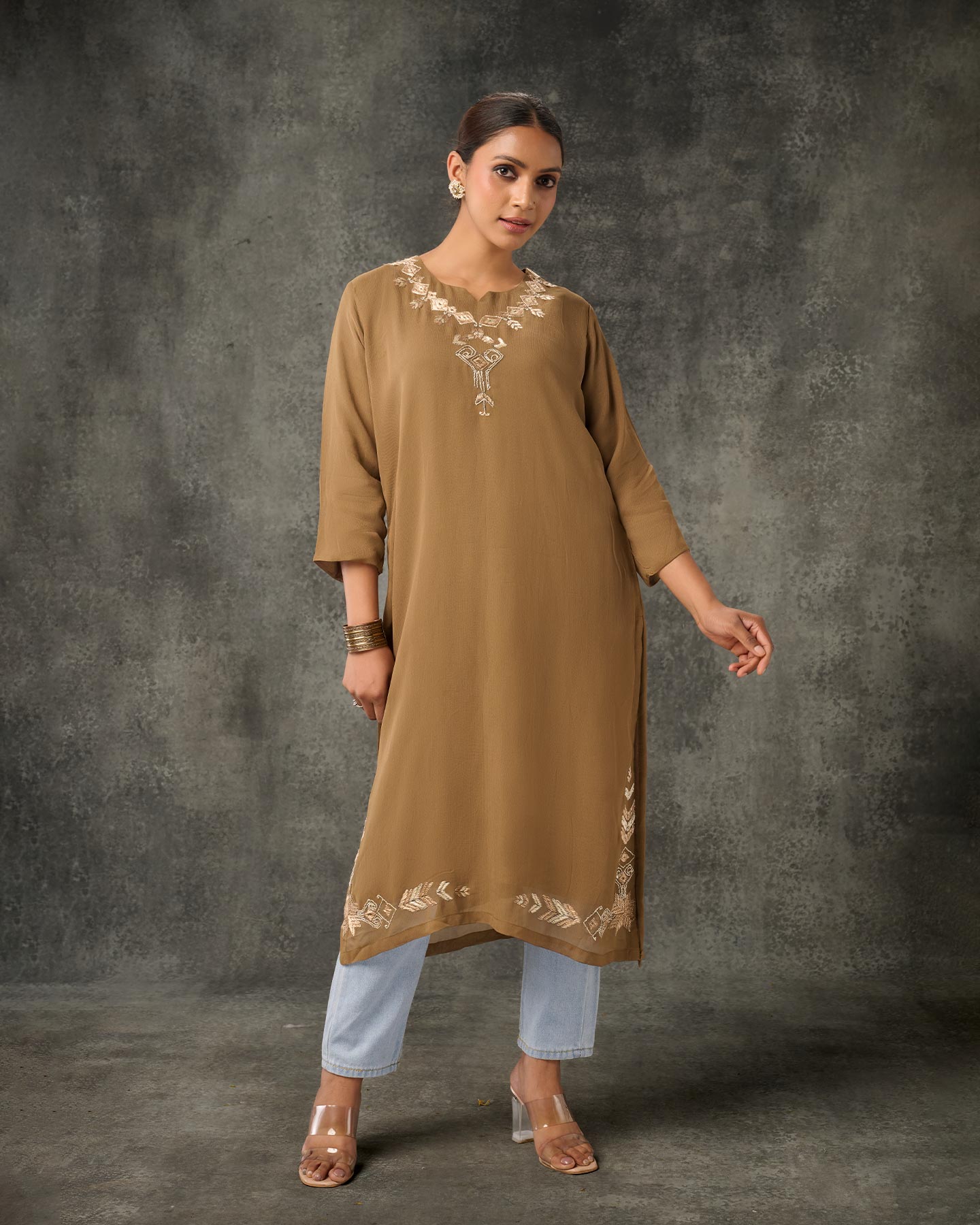 Pure Georgette Hand Embroidered Phulkari Kurti - Khaki Brown + Artisanal + Punjab + Tradition + Women + MakeInIndia + Handicraft