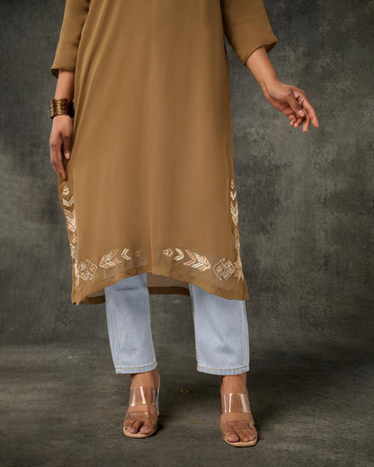 Pure Georgette Hand Embroidered Phulkari Kurti - Khaki Brown + Artisanal + Punjab + Tradition + Women + MakeInIndia + Handicraft + Panjab + Threads