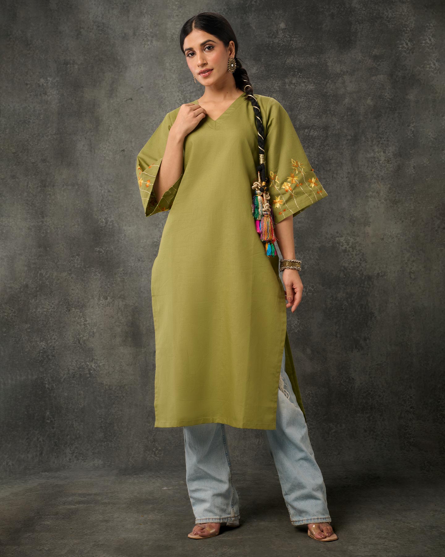 Pure Cotton Linen Hand Embroidered Phulkari Kurti - Moss Green + Artisanal + Punjab + Tradition + Women + MakeInIndia + Handicraft + Panjab + Rang + Colours + Girl Clothing + Fulkari + Threads + Colours + Colors + Embroidery + Handwork + Artisan + Bagh