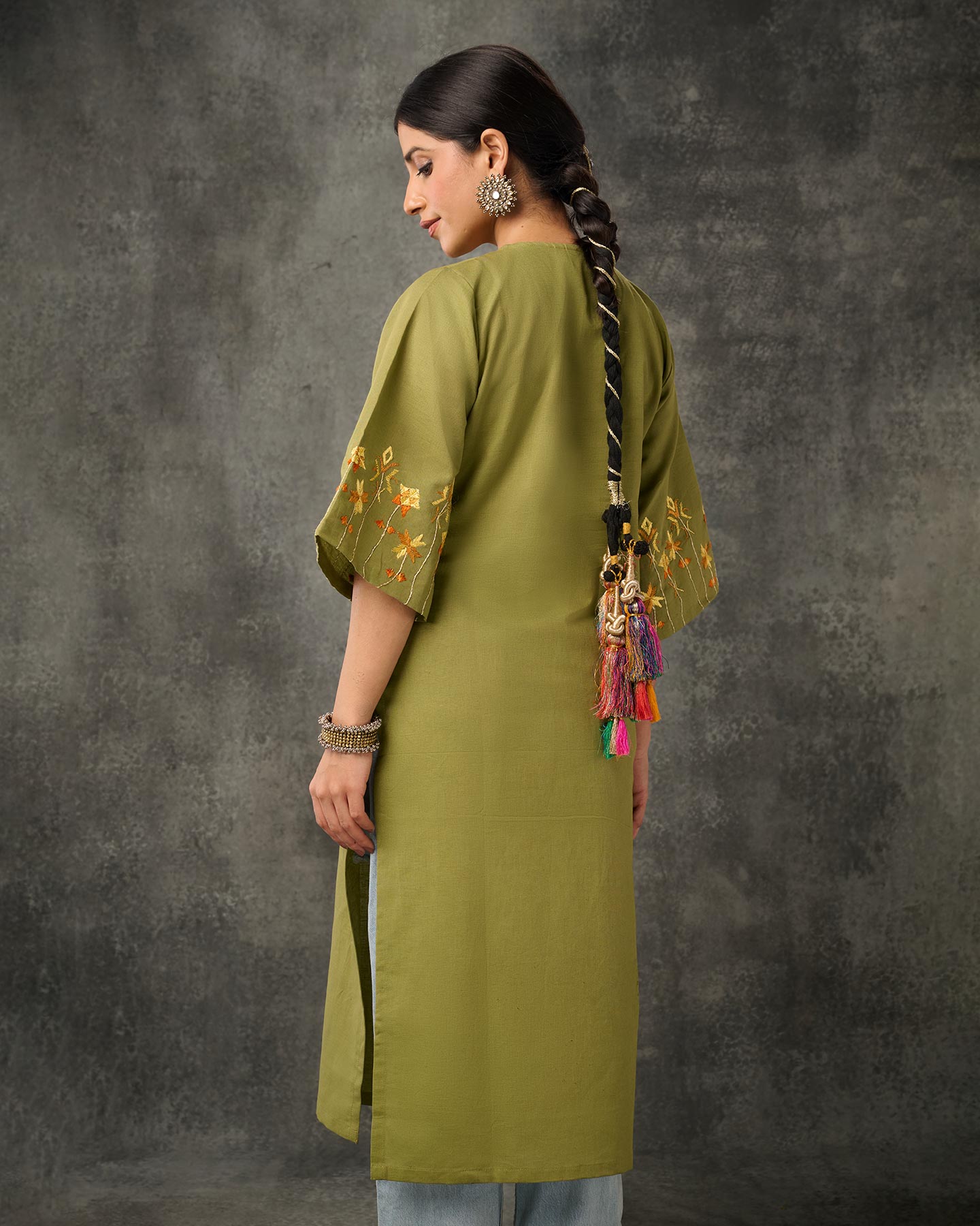 Pure Cotton Linen Hand Embroidered Phulkari Kurti - Moss Green + Artisanal + Punjab + Tradition + Women + MakeInIndia + Handicraft + Panjab + Rang + Colours + Girl Clothing + Fulkari + Threads + Colours + Colors + Embroidery + Handwork + Artisan + Bagh