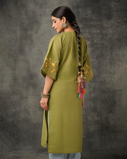 Pure Cotton Linen Hand Embroidered Phulkari Kurti - Moss Green + Artisanal + Punjab + Tradition + Women + MakeInIndia + Handicraft + Panjab + Rang + Colours + Girl Clothing + Fulkari + Threads + Colours + Colors + Embroidery + Handwork + Artisan + Bagh