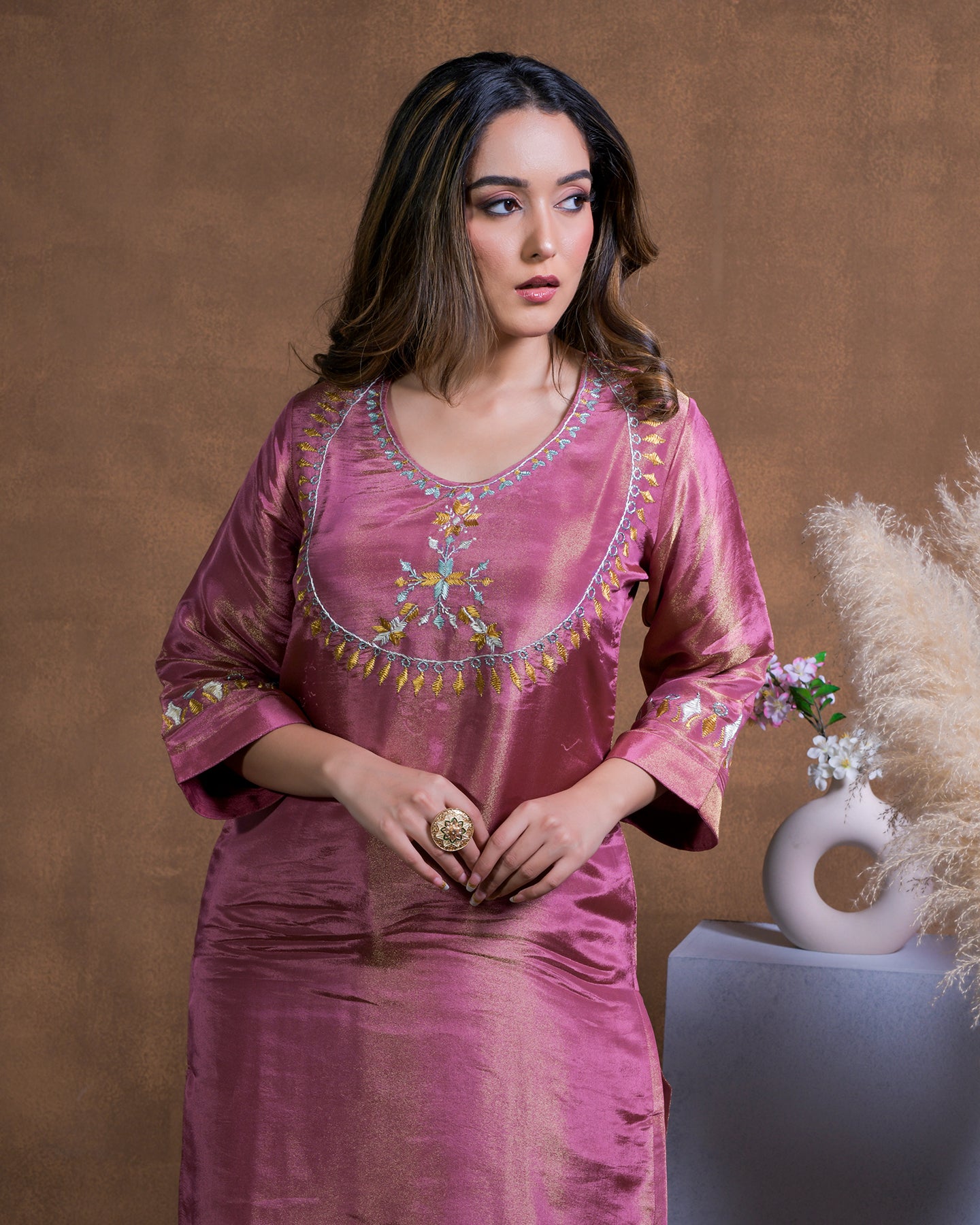 Pure Tissue Silk Hand Embroidered Phulkari Kurti - Rose Gold Pink Colours + Artisanal + Punjab + Tradition + Women + MakeInIndia + Handicraft + trend + festival wear + comfort wear + smart wear + trendy wear + indian ethnic + cultural wear + rakhi + diwali + ganesh cahturthi + friends wear + date wear + casual wear + indian wear + western wear + trendy attire + fashion + stylish + dinner + luxury + premium + royal + floral