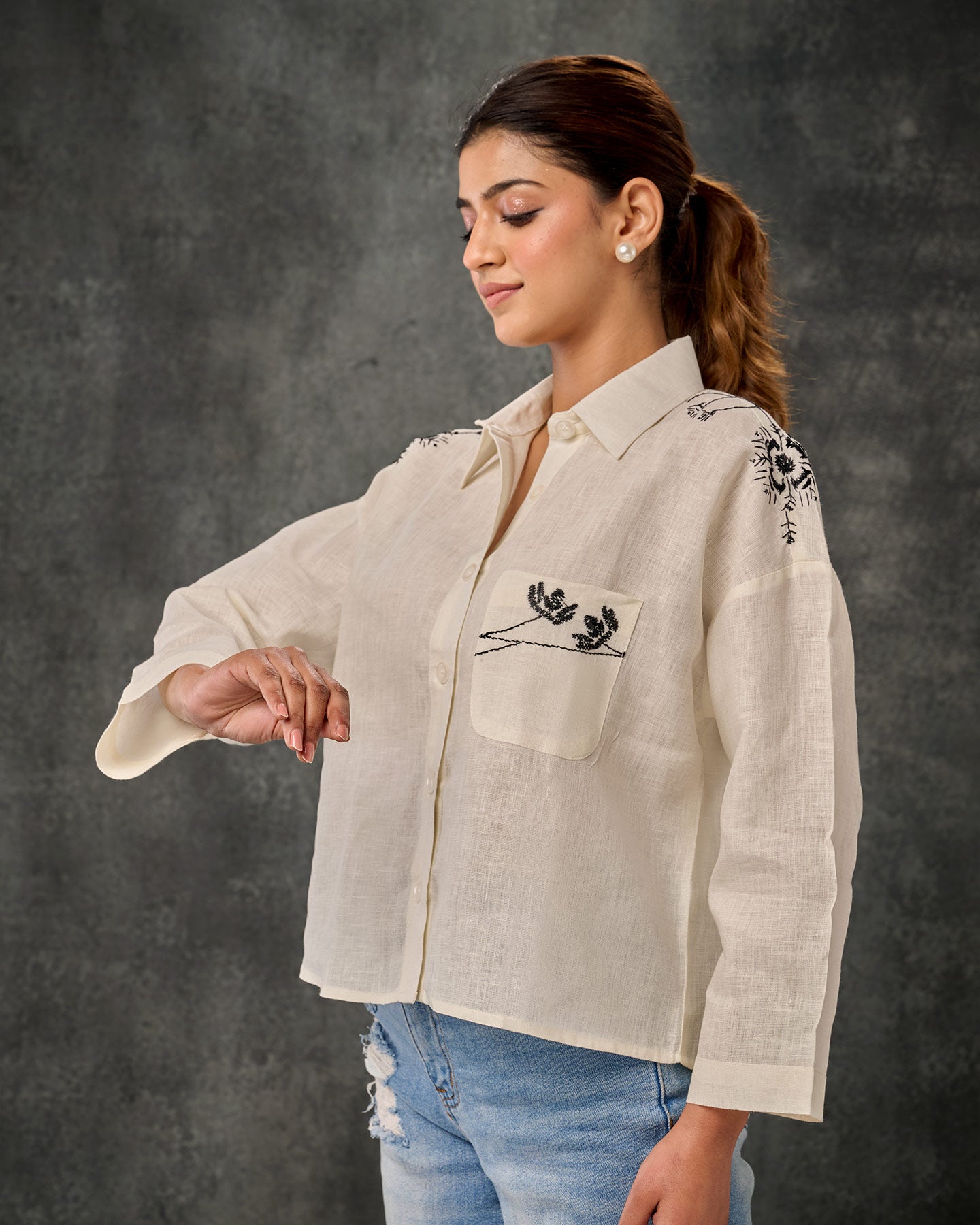 Pure Linen Hand Embroidered Phulkari Shirt - Pearl White Monochrome + Artisanal + Punjab + Tradition + Women + MakeInIndia + Handicraft