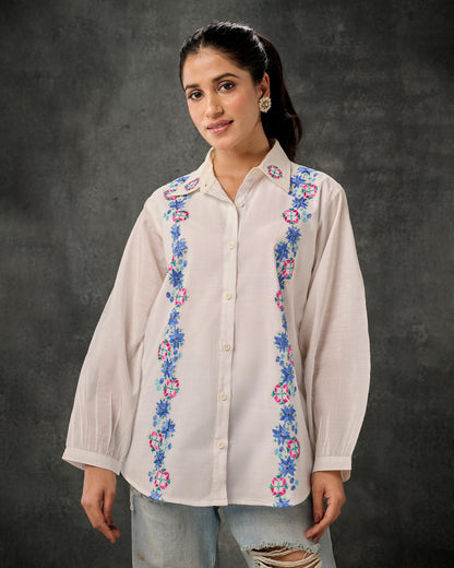 Pure Chanderi Hand Embroidered Phulkari Shirt - Ivory White Colours + Artisanal + Punjab + Tradition + Women + MakeInIndia + Handicraft + Blue Pink Green Motif