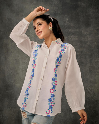 Pure Chanderi Hand Embroidered Phulkari Shirt - Ivory White Colours + Artisanal + Punjab + Tradition + Women + MakeInIndia + Handicraft + Blue Pink Green Motif + Fulkari + Panjab