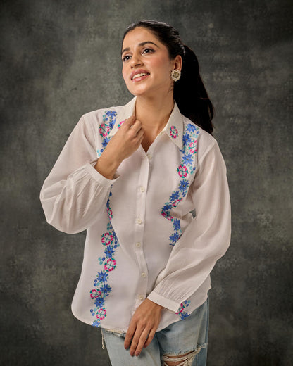 Pure Chanderi Hand Embroidered Phulkari Shirt - Ivory White Colours + Artisanal + Punjab + Tradition + Women + MakeInIndia + Handicraft + Blue Pink Green Motif