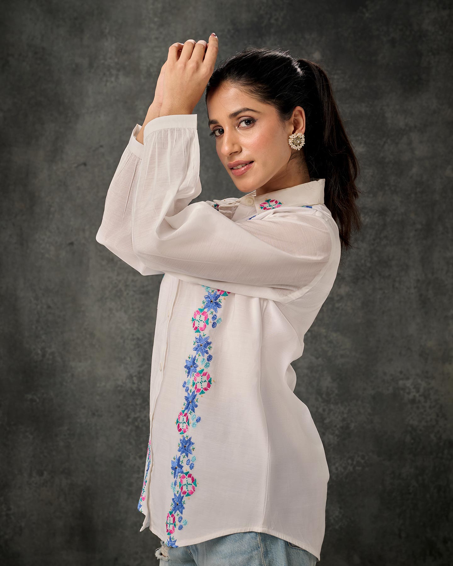 Pure Chanderi Hand Embroidered Phulkari Shirt - Ivory White Colours + Artisanal + Punjab + Tradition + Women + MakeInIndia + Handicraft + Blue Pink Green Motif + Fulkari + Panjab