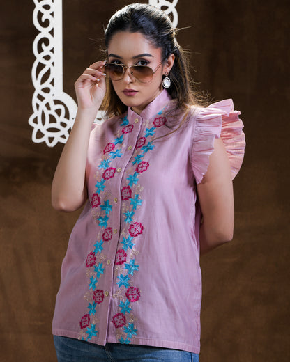 Pure Chanderi Silk Hand Embroidered Phulkari Shirt - carnation Pink Colours + Artisanal + Punjab + Tradition + Women + MakeInIndia + Handicraft + Blue red Motif + trend + festival wear + comfort wear + smart wear + trendy wear + indian ethnic + cultural wear + rakhi + diwali + ganesh cahturthi + friends wear + date wear + casual wear + indian wear + western wear + trendy attire + fashion + stylish + dinner + luxury + premium + royal + floral