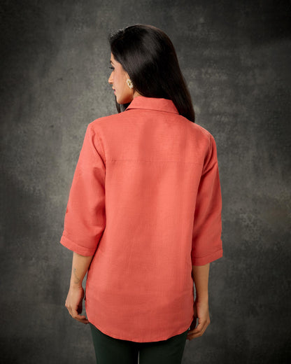 Pure Linen Hand Embroidered Phulkari Shirt - Cinnamon Orange + Artisanal + Punjab + Tradition + Women + MakeInIndia + Handicraft + Panjab + Bagh + Flower + Garden + Rust