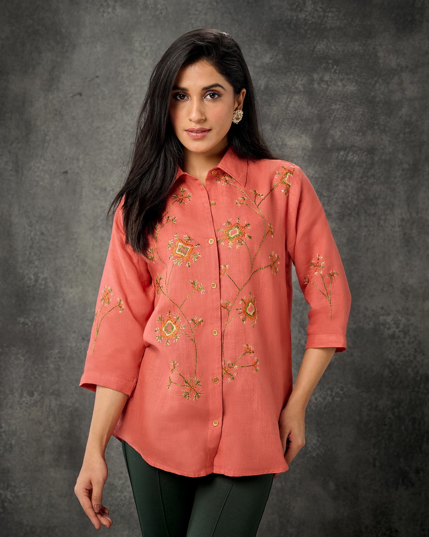 Pure Linen Hand Embroidered Phulkari Shirt - Cinnamon Orange + Artisanal + Punjab + Tradition + Women + MakeInIndia + Handicraft + Panjab + Bagh + Flower + Garden + Rust