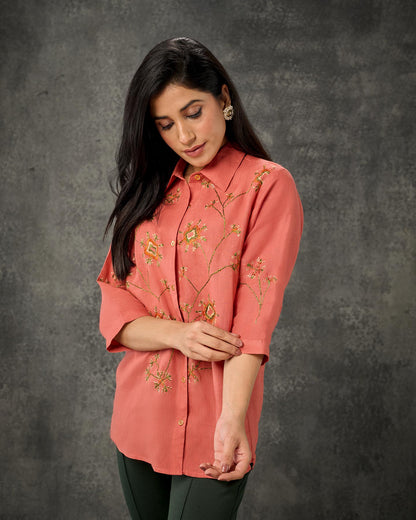 Pure Linen Hand Embroidered Phulkari Shirt - Cinnamon Orange + Artisanal + Punjab + Tradition + Women + MakeInIndia + Handicraft + Panjab+ Garden + Rust