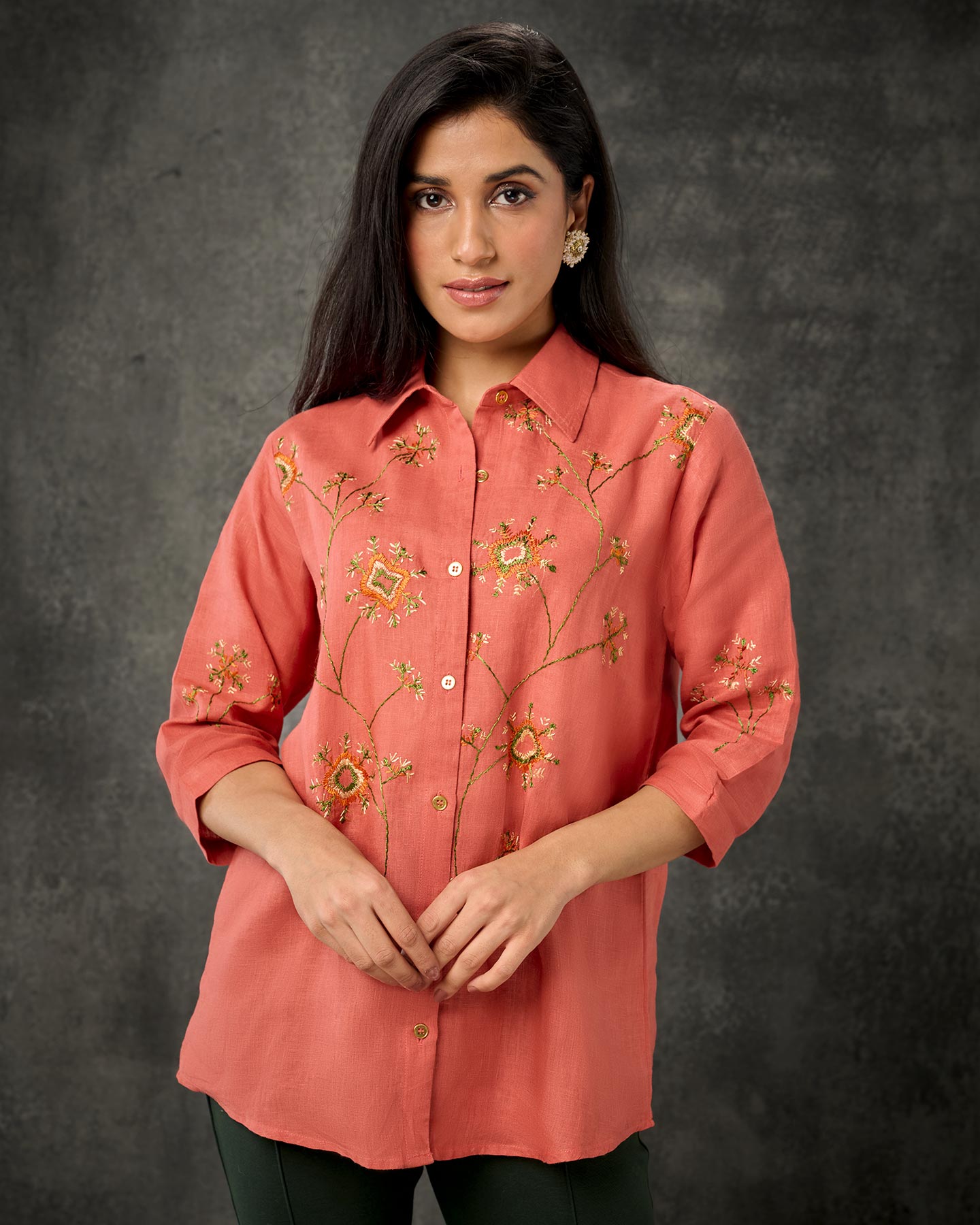 Pure Linen Hand Embroidered Phulkari Shirt - Cinnamon Orange + Artisanal + Punjab + Tradition + Women + MakeInIndia + Handicraft + Panjab + Bagh + Flower