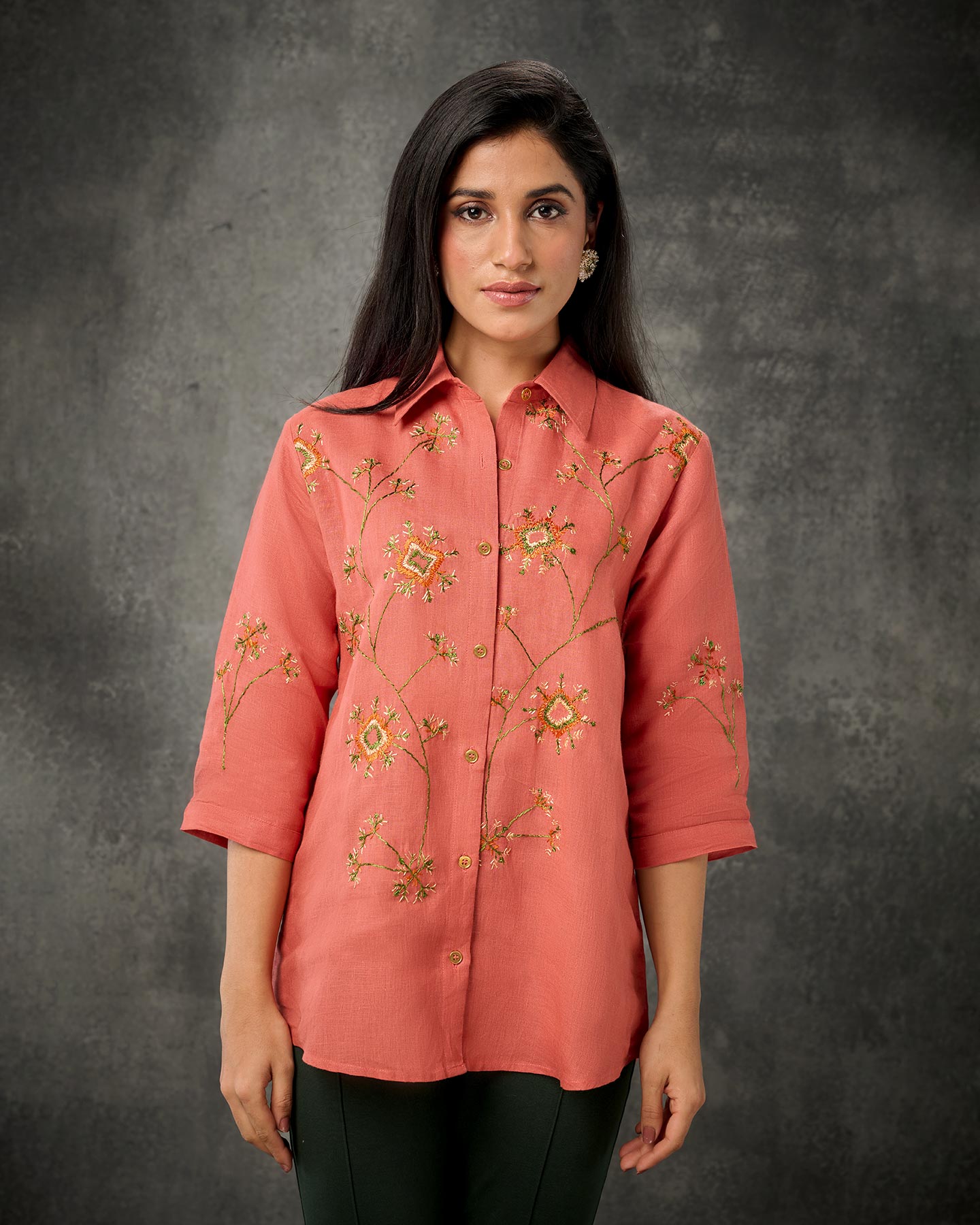 Pure Linen Hand Embroidered Phulkari Shirt - Cinnamon Orange + Artisanal + Punjab + Tradition + Women + MakeInIndia + Handicraft + Bagh + Flower + Garden + Rust