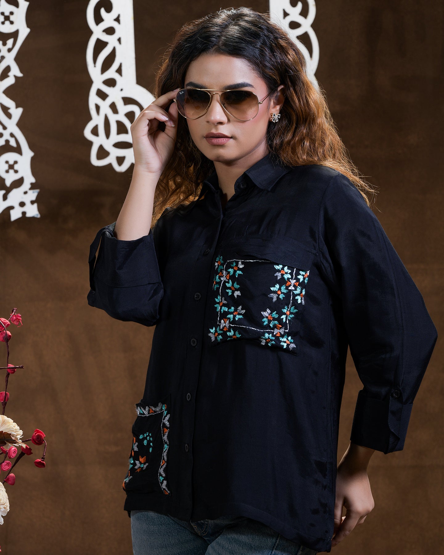 Pure Muslin Silk Hand Embroidered Phulkari Shirt - black Colours + Artisanal + Punjab + Tradition + Women + MakeInIndia + Handicraft + Blue red Motif + trend + festival wear + comfort wear + smart wear + trendy wear + indian ethnic + cultural wear + rakhi + diwali + ganesh cahturthi + friends wear + date wear + casual wear + indian wear + western wear + trendy attire + fashion + stylish + dinner + luxury + premium + royal + floral