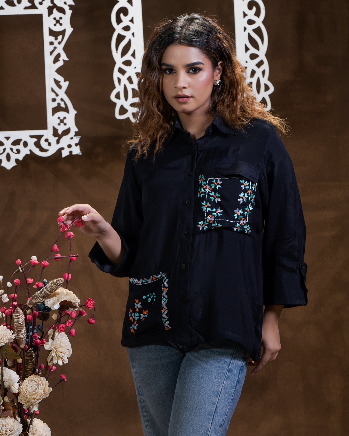 Pure Muslin Silk Hand Embroidered Phulkari Shirt - black Colours + Artisanal + Punjab + Tradition + Women + MakeInIndia + Handicraft + Blue red Motif + trend + festival wear + comfort wear + smart wear + trendy wear + indian ethnic + cultural wear + rakhi + diwali + ganesh cahturthi + friends wear + date wear + casual wear + indian wear + western wear + trendy attire + fashion + stylish + dinner + luxury + premium + royal + floral