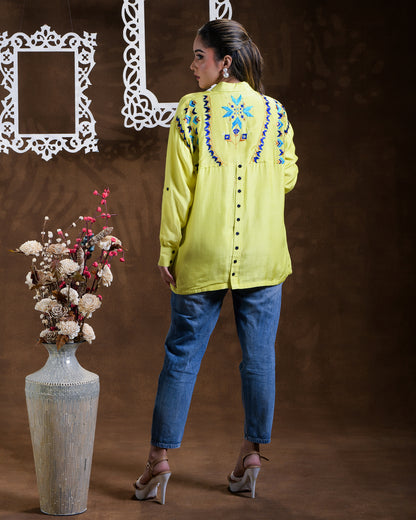 Pure Muslin Hand Embroidered Phulkari Shirt - Neon Green Colours + Artisanal + Punjab + Tradition + Women + MakeInIndia + Handicraft + Blue red Motif + trend + festival wear + comfort wear + smart wear + trendy wear + indian ethnic + cultural wear + rakhi + diwali + ganesh cahturthi + friends wear + date wear + casual wear + indian wear + western wear + trending attire + luxury + premium + prestige + royal