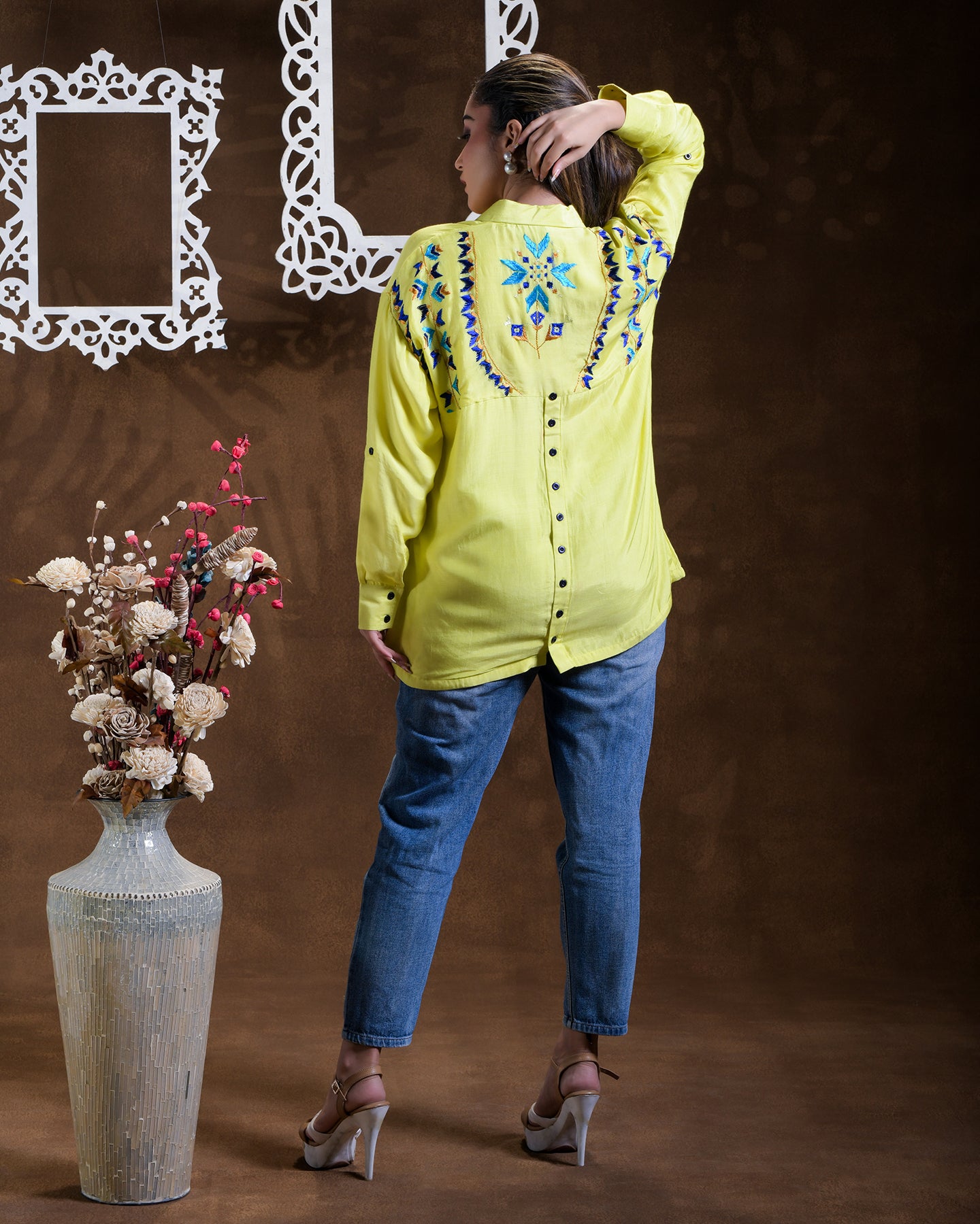 Pure Muslin Hand Embroidered Phulkari Shirt - Neon Green Colours + Artisanal + Punjab + Tradition + Women + MakeInIndia + Handicraft + Blue red Motif + trend + festival wear + comfort wear + smart wear + trendy wear + indian ethnic + cultural wear + rakhi + diwali + ganesh cahturthi + friends wear + date wear + casual wear + indian wear + western wear + trending attire + luxury + premium + prestige + royal