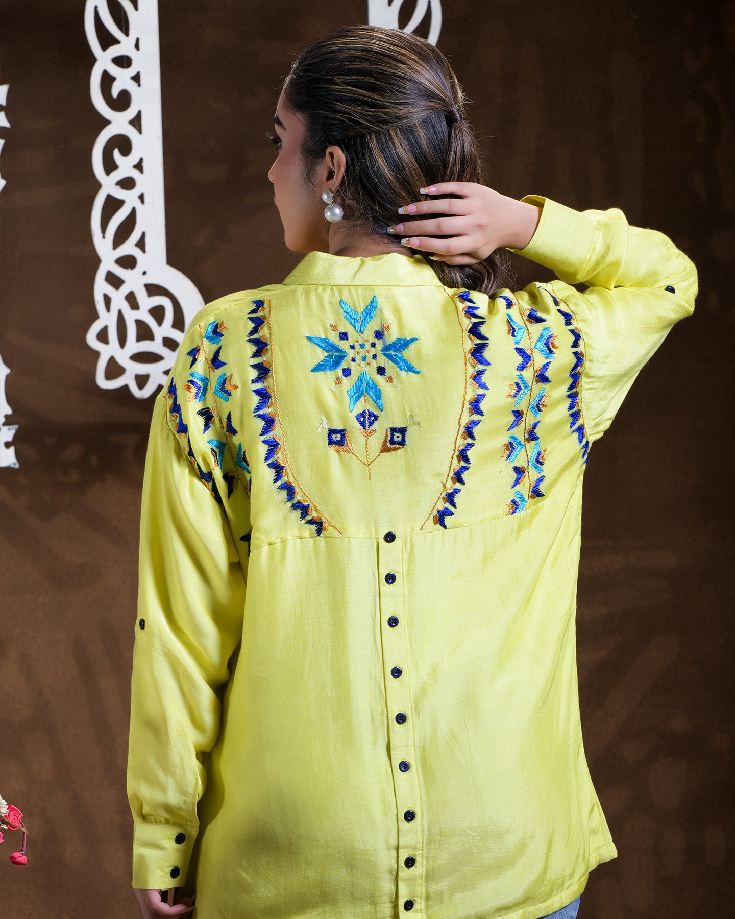 Pure Muslin Hand Embroidered Phulkari Shirt - Neon Green Colours + Artisanal + Punjab + Tradition + Women + MakeInIndia + Handicraft + Blue red Motif + trend + festival wear + comfort wear + smart wear + trendy wear + indian ethnic + cultural wear + rakhi + diwali + ganesh cahturthi + friends wear + date wear + casual wear + indian wear + western wear + trending attire