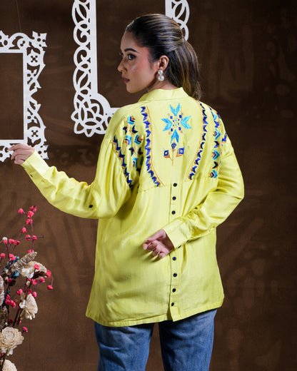 Pure Muslin Hand Embroidered Phulkari Shirt - Neon Green Colours + Artisanal + Punjab + Tradition + Women + MakeInIndia + Handicraft + Blue red Motif + trend + festival wear + comfort wear + smart wear + trendy wear + indian ethnic + cultural wear + rakhi + diwali + ganesh cahturthi + friends wear + date wear + casual wear + indian wear + western wear + trending attire