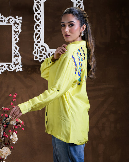 Pure Muslin Hand Embroidered Phulkari Shirt - Neon Green Colours + Artisanal + Punjab + Tradition + Women + MakeInIndia + Handicraft + Blue red Motif + trend + festival wear + comfort wear + smart wear + trendy wear + indian ethnic + cultural wear + rakhi + diwali + ganesh cahturthi + friends wear + date wear + casual wear + indian wear + western wear + trending attire