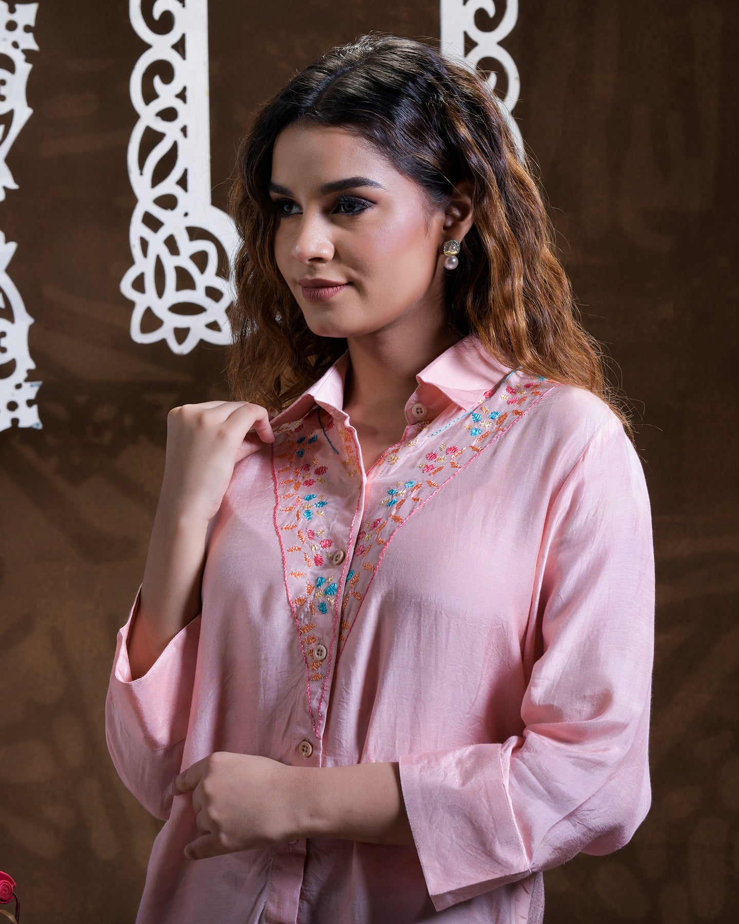 Pure Muslin Silk Hand Embroidered Phulkari Shirt - Peach Pink Colours + Artisanal + Punjab + Tradition + Women + MakeInIndia + Handicraft + Blue red Motif + trend + festival wear + comfort wear + smart wear + trendy wear + indian ethnic + cultural wear + rakhi + diwali + ganesh cahturthi + friends wear + date wear + casual wear + indian wear + western wear + trendy attire + fashion + stylish + dinner + luxury + premium + royal