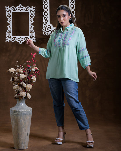 Pure organza Hand Embroidered Phulkari Shirt - aqua green pink blue ocean Colours + Artisanal + Punjab + Tradition + Women + MakeInIndia + Handicraft + Blue red Motif + trend + festival wear + comfort wear + smart wear + trendy wear + indian ethnic + cultural wear + rakhi + diwali + ganesh cahturthi + friends wear + date wear + casual wear + indian wear + western wear + trendy attire + fashion + stylish + dinner + luxury + premium + royal + women artisan + women startup + ladies hand + rural upliftment