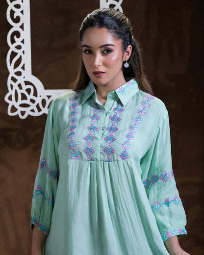 Pure organza Hand Embroidered Phulkari Shirt - aqua green pink blue ocean Colours + Artisanal + Punjab + Tradition + Women + MakeInIndia + Handicraft + Blue red Motif + trend + festival wear + comfort wear + smart wear + trendy wear + indian ethnic + cultural wear + rakhi + diwali + ganesh cahturthi + friends wear + date wear + casual wear + indian wear + western wear + trendy attire + fashion + stylish + dinner + luxury + premium + royal + women artisan + women startup + best fabric + rural upliftment