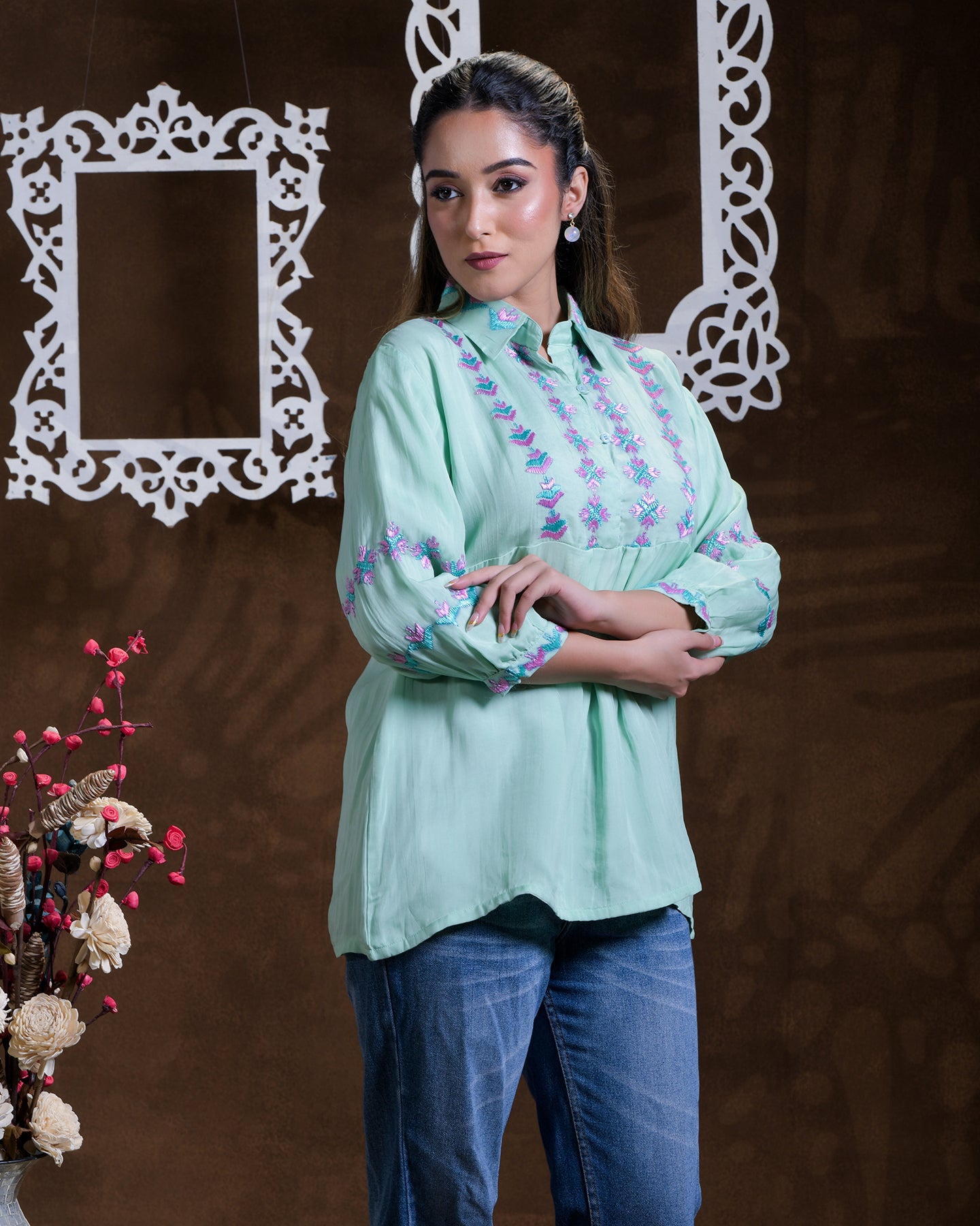 Pure organza Hand Embroidered Phulkari Shirt - aqua green pink blue ocean Colours + Artisanal + Punjab + Tradition + Women + MakeInIndia + Handicraft + Blue red Motif + trend + festival wear + comfort wear + smart wear + trendy wear + indian ethnic + cultural wear + rakhi + diwali + ganesh cahturthi + friends wear + date wear + casual wear + indian wear + western wear + trendy attire + fashion + stylish + dinner + luxury + premium + royal + women artisan + women startup + best fabric + rural upliftment