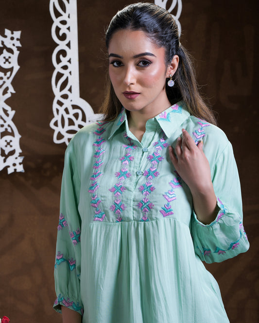 Pure organza Hand Embroidered Phulkari Shirt - aqua green pink blue ocean Colours + Artisanal + Punjab + Tradition + Women + MakeInIndia + Handicraft + Blue red Motif + trend + festival wear + comfort wear + smart wear + trendy wear + indian ethnic + cultural wear + rakhi + diwali + ganesh cahturthi + friends wear + date wear + casual wear + indian wear + western wear + trendy attire + fashion + stylish + dinner + luxury + premium + royal + women artisan + women startup + best fabric + rural upliftment