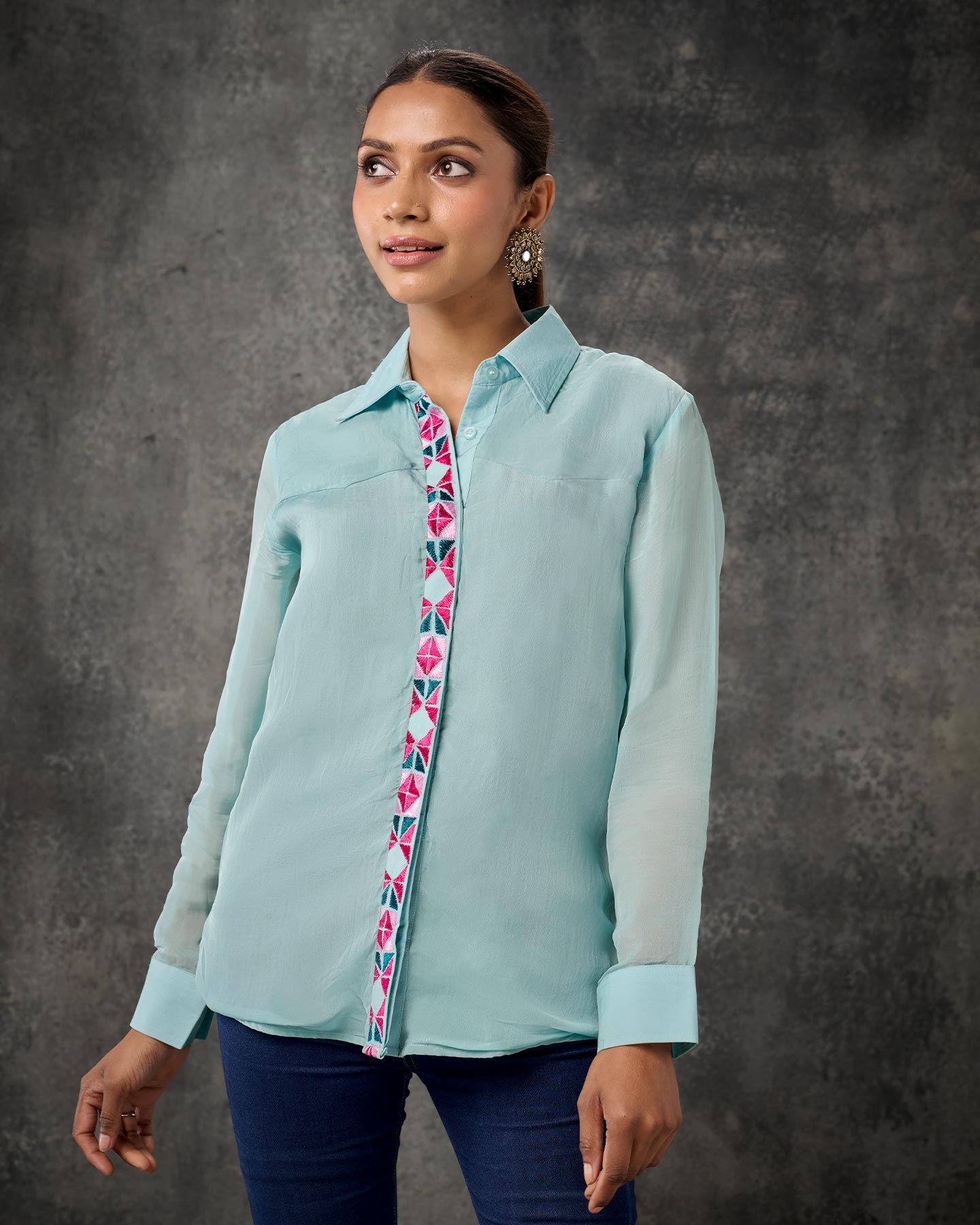 Pure Organza Hand Embroidered Phulkari Shirt - Turquoise + Artisanal + Punjab + Tradition + Women + MakeInIndia + Handicraft