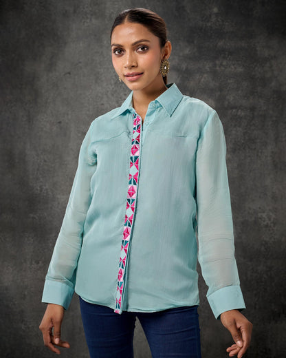 Pure Organza Hand Embroidered Phulkari Shirt - Turquoise + Artisanal + Punjab + Tradition + Women + MakeInIndia + Handicraft