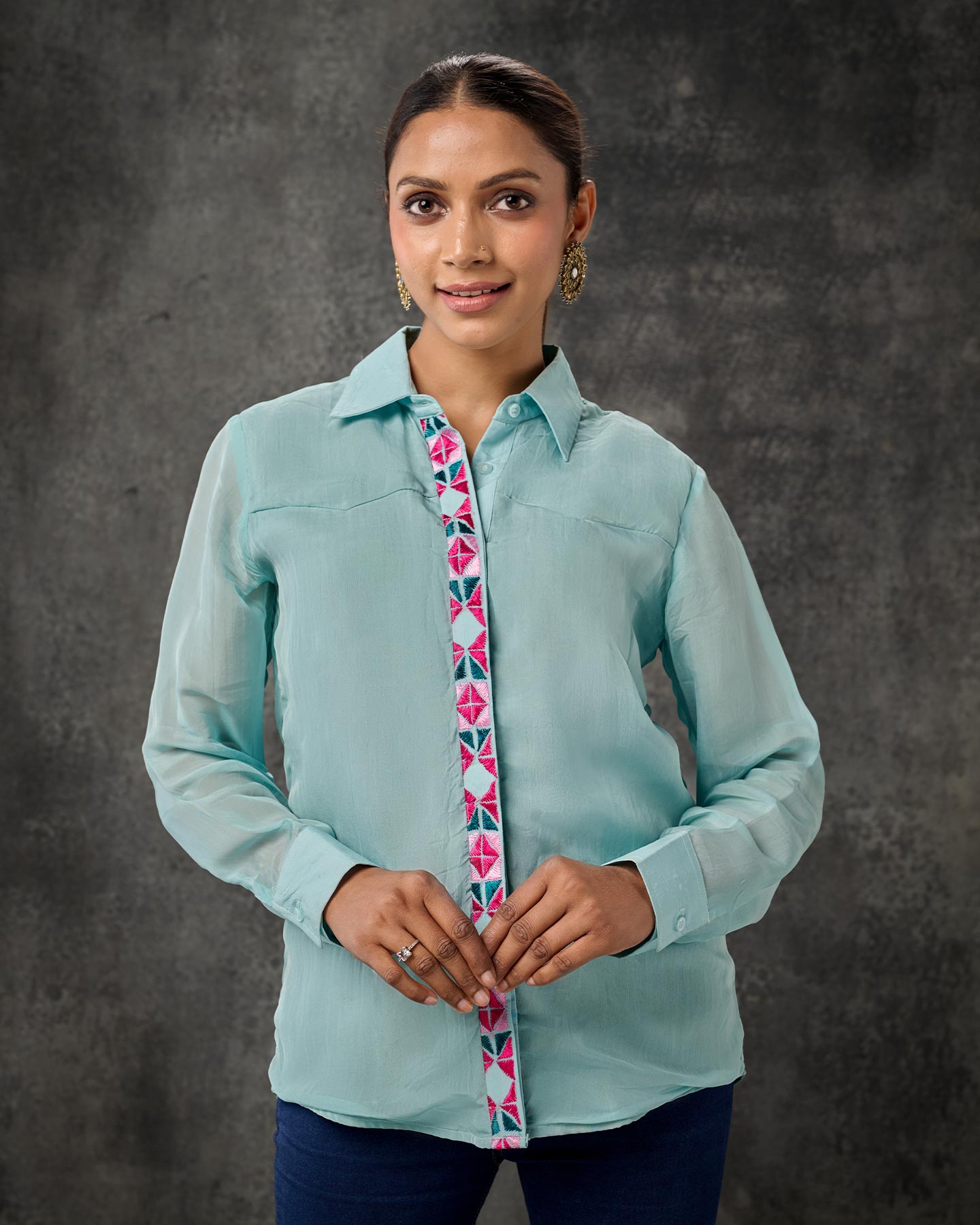 Pure Organza Hand Embroidered Phulkari Shirt - Turquoise + Artisanal + Punjab + Tradition + Women + MakeInIndia + Handicraft + Panjab