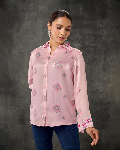 Pure Silk Hand Embroidered Phulkari Shirt - Blush Pink + Artisanal + Punjab + Tradition + Women + MakeInIndia + Handicraft + Printed + Threads