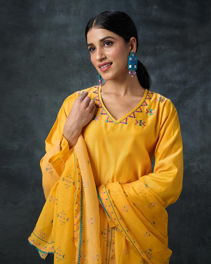 Pure Chanderi Hand Embroidered Phulkari Suit with Dupatta - Daffodil Yellow + Teal Blue + Artisanal + Punjab + Tradition + Women + MakeInIndia + Handicraft + Panjab + Rang + Colours + Girl Clothing + Fulkari + Threads + Colours + Colors + Embroidery + Handwork + Artisan + Stylish + Comfort wear + Royal + Elegant + Kurti + Pant + Dupatta