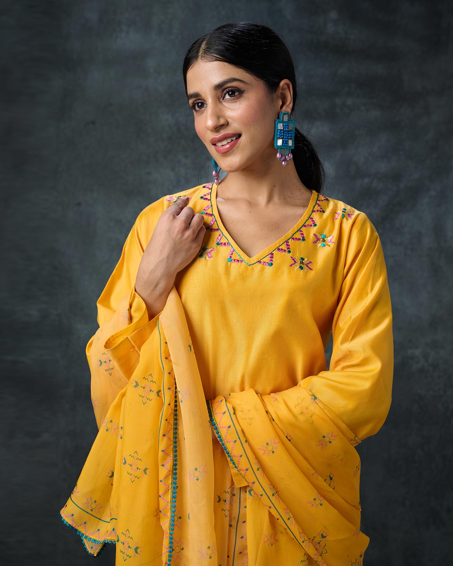 Pure Chanderi Hand Embroidered Phulkari Kurti - Daffodil Yellow + Artisanal + Punjab + Tradition + Women + MakeInIndia + Handicraft + Panjab + Rang + Colours + Girl Clothing + Fulkari + Threads + Colours + Colors + Embroidery + Handwork + Artisan + Stylish + Comfort wear + Royal + Elegant + Kurti + Pant + Dupatta