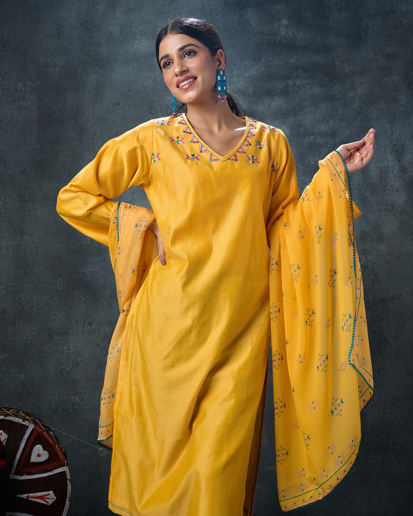 Pure Chanderi Hand Embroidered Phulkari Kurti - Daffodil Yellow + Artisanal + Punjab + Tradition + Women + MakeInIndia + Handicraft + Panjab + Rang + Colours + Girl Clothing + Fulkari + Threads + Colours + Colors + Embroidery + Handwork + Artisan + Stylish + Comfort wear + Royal + Elegant + Kurti + Pant + Dupatta