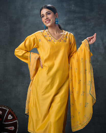 Pure Silk Printed Phulkari Dupatta - Daffodil Yellow + Teal Blue + Artisanal + Punjab + Tradition + Women + MakeInIndia + Handicraft + Panjab + Rang + Colours + Girl Clothing + Fulkari + Threads + Colours + Colors + Embroidery + Handwork + Artisan + Stylish + Comfort wear + Royal + Elegant + Kurti + Pant + Dupatta