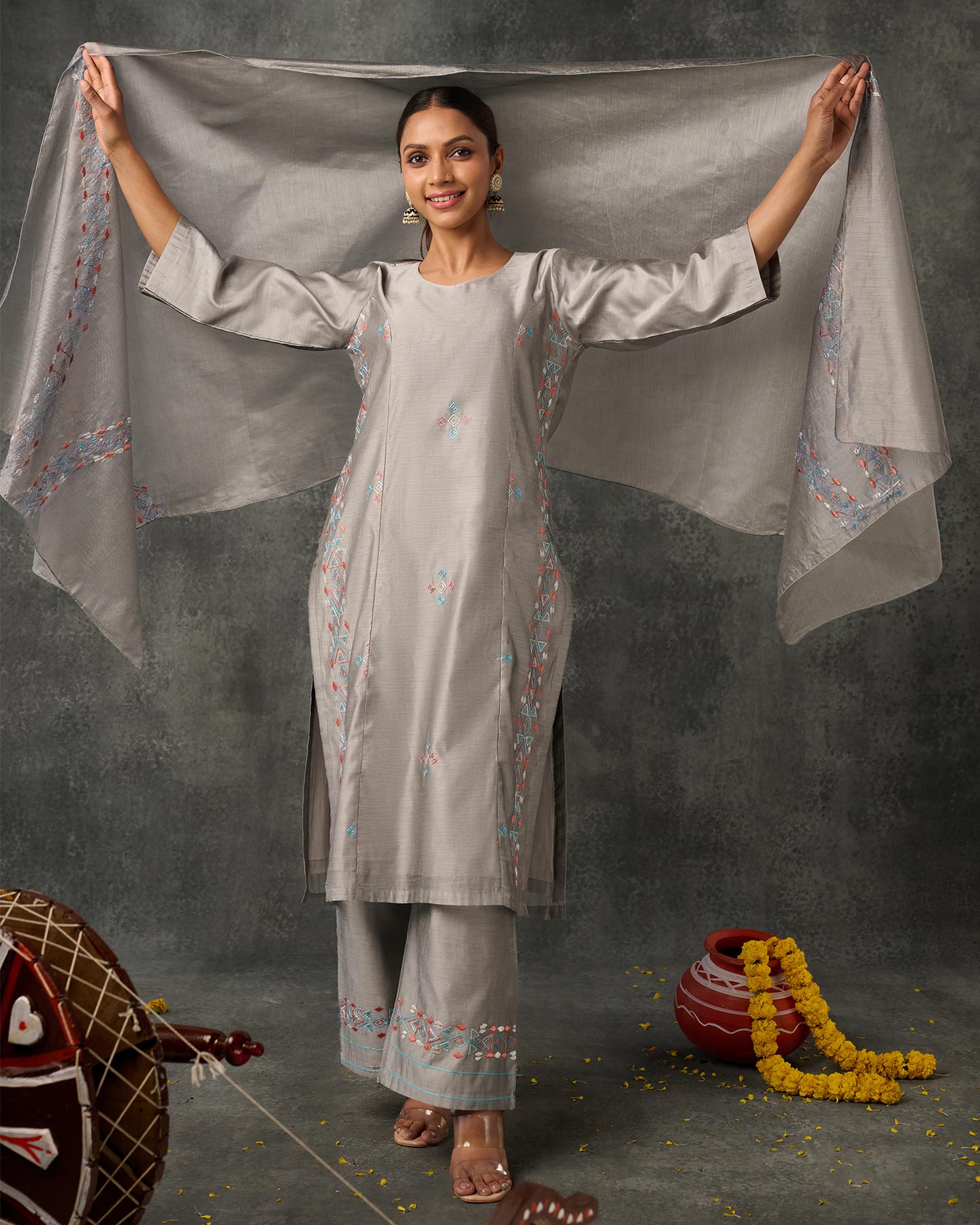 Pure Chanderi Hand Embroidered Phulkari Suit with Dupatta - Glacier Grey + Artisanal + Punjab + Tradition + Women + MakeInIndia + Handicraft + Panjab + Rang + Colours + Girl Clothing + Fulkari + Threads + Colours + Colors + Embroidery + Handwork + Artisan + Stylish + Comfort wear + Royal + Elegant + Kurti + Pant + Dupatta