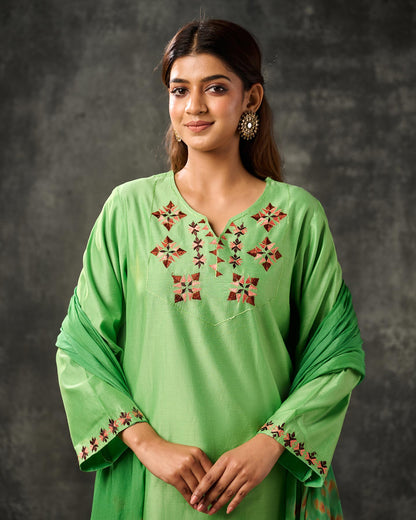 Pure Chanderi Hand Embroidered Phulkari Kurti - Parakeet Green + Artisanal + Punjab + Tradition + Women + MakeInIndia + Handicraft + Panjab + Rang + Colours + Girl Clothing + Fulkari + Threads + Colours + Colors + Embroidery + Handwork + Artisan + Stylish + Comfort wear + Royal + Elegant + Kurti + Pant + Dupatta